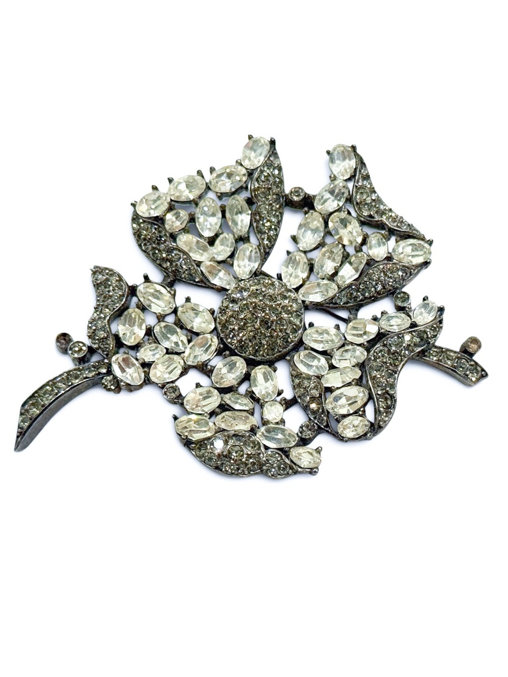Rare Crown Trifari Couture Flower Brooch, Clear Rhinestones & Smoke Crystal Pavé - Picture 3 of 13